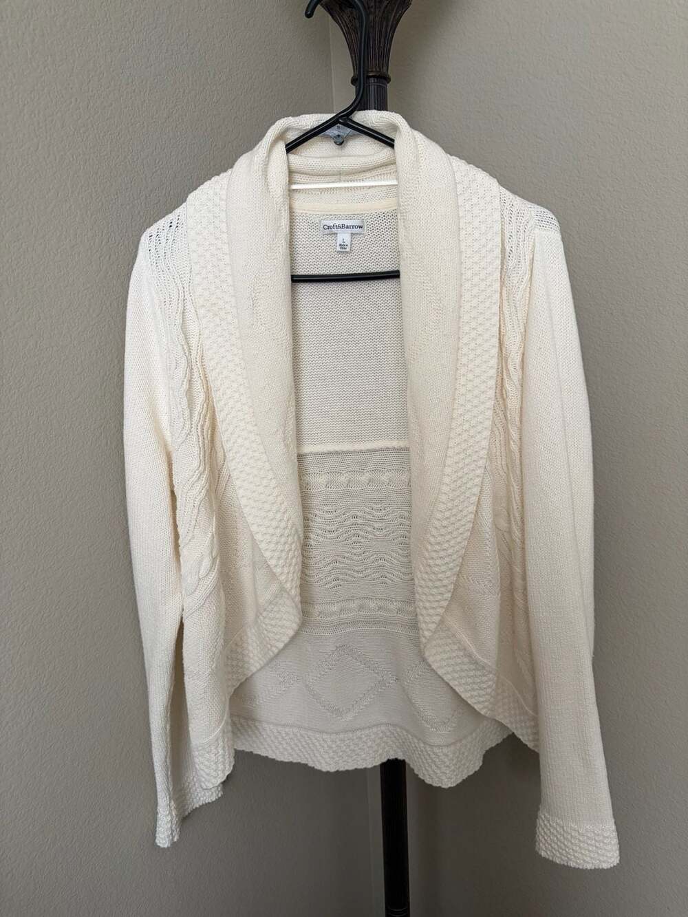 Croft & Barrow Cream Open Front Cardigan Sweater Shawl Collar Cable Knit Size L